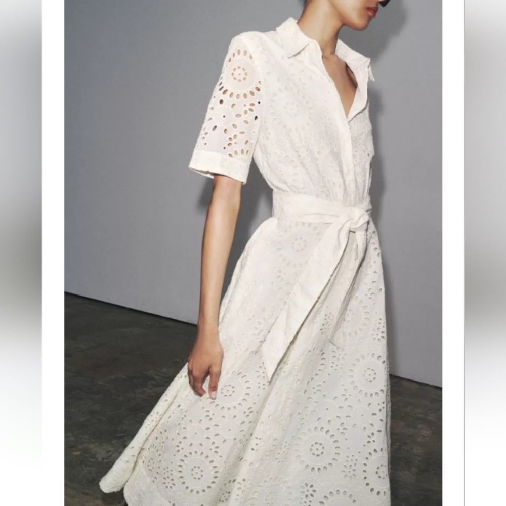 Zara Zw Collection Embroidered Cream Lace Midi Dress Sz-M - Picture 3 of 16